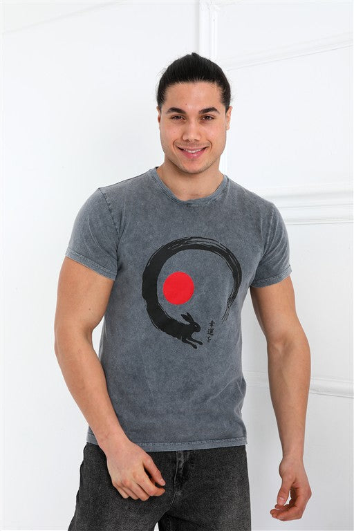 Stone Washed  GOOD LUCK Printed Cotton  T-shirt