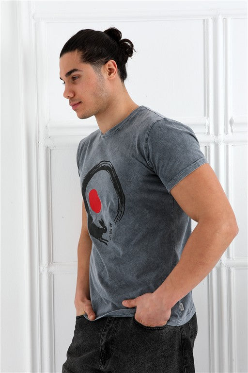 Stone Washed  GOOD LUCK Printed Cotton  T-shirt
