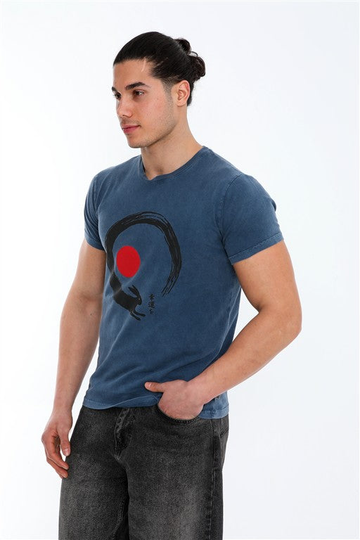 Stone Washed  GOOD LUCK Printed Cotton  T-shirt