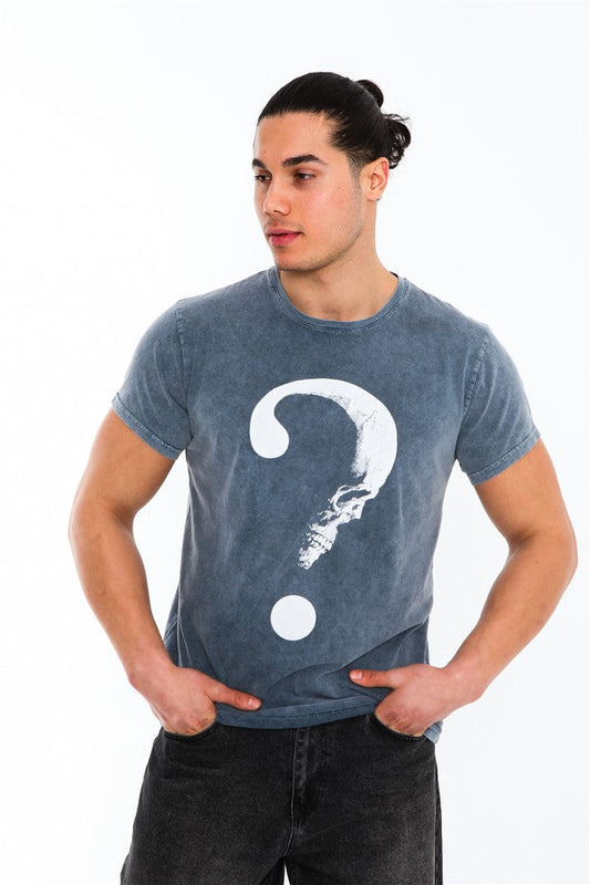 Stone Washed Effect MOON PONDER SKULL Printed Cotton  T-shirt