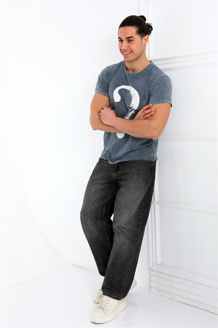Stone Washed Effect MOON PONDER SKULL Printed Cotton  T-shirt