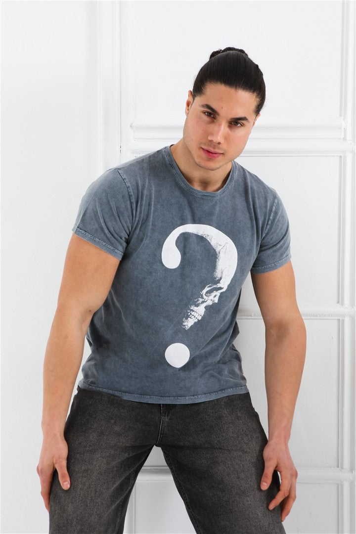 Stone Washed Effect MOON PONDER SKULL Printed Cotton  T-shirt