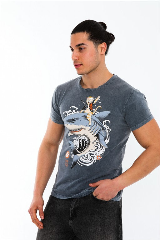 Stone Washed Effect Catana Shark Art  Printed Cotton  T-shirt