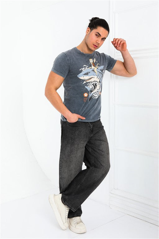 Stone Washed Effect Catana Shark Art  Printed Cotton  T-shirt