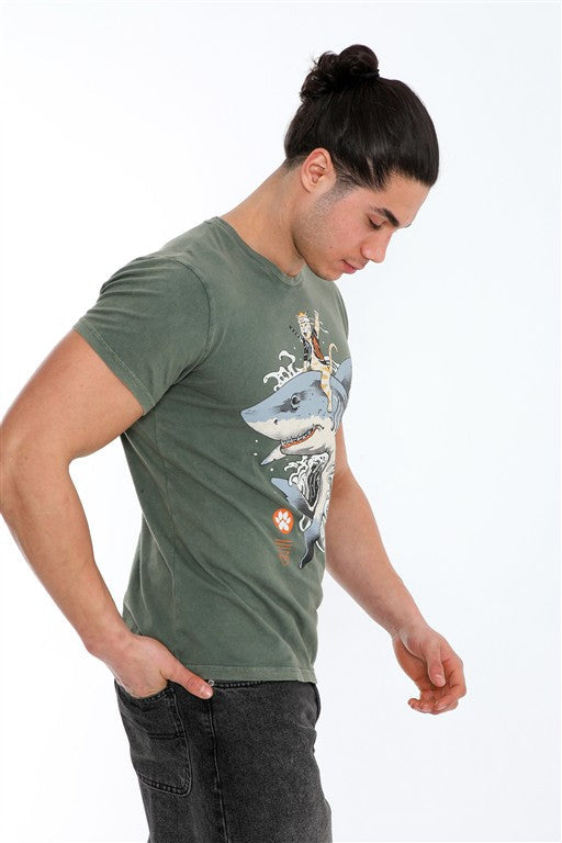 Stone Washed Effect Catana Shark Art  Printed Cotton  T-shirt