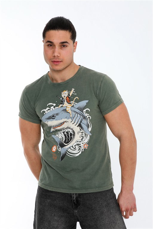 Stone Washed Effect Catana Shark Art  Printed Cotton  T-shirt