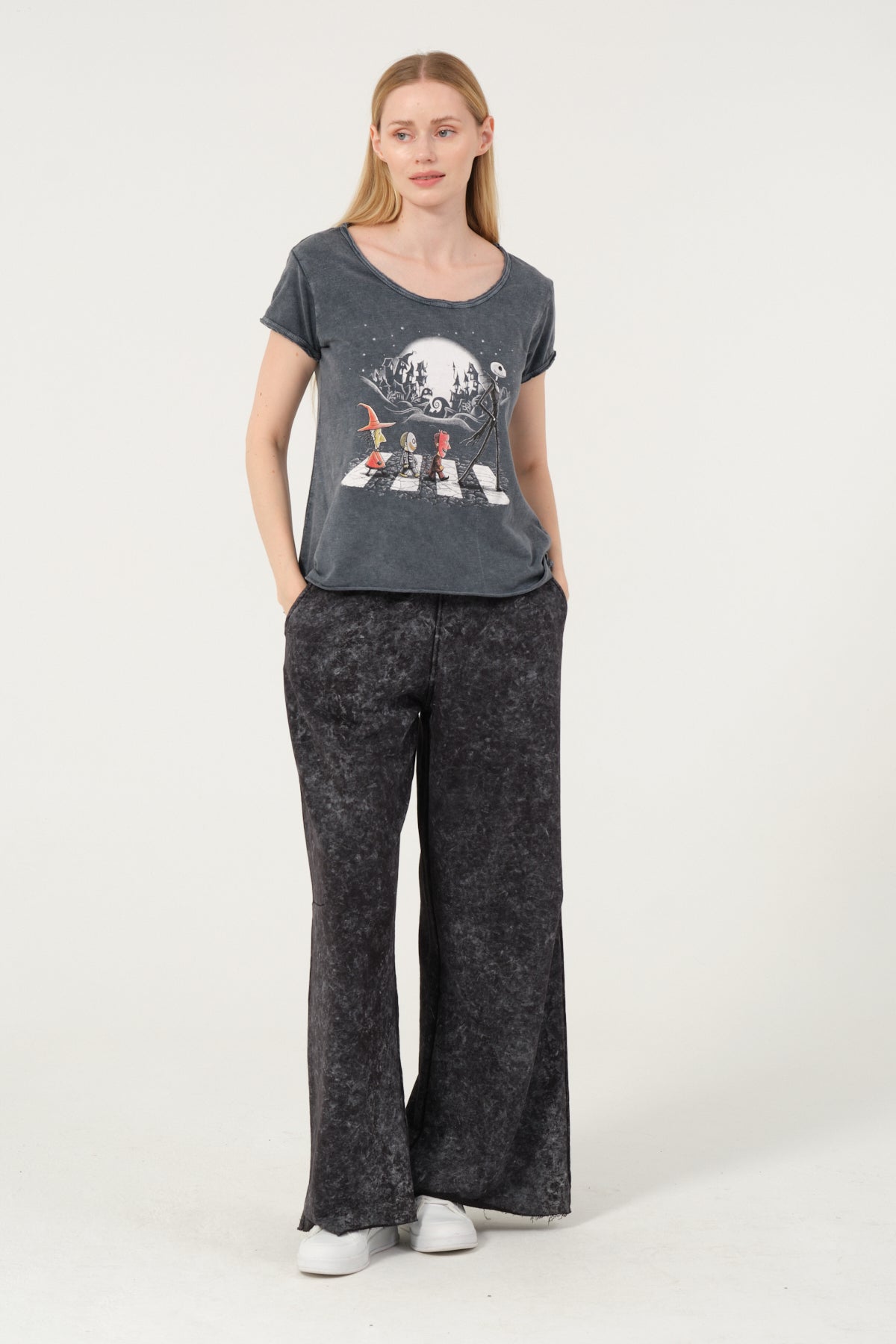 Stone Washed Night Before Christmas  Printed Wide Neck Women T-shirt