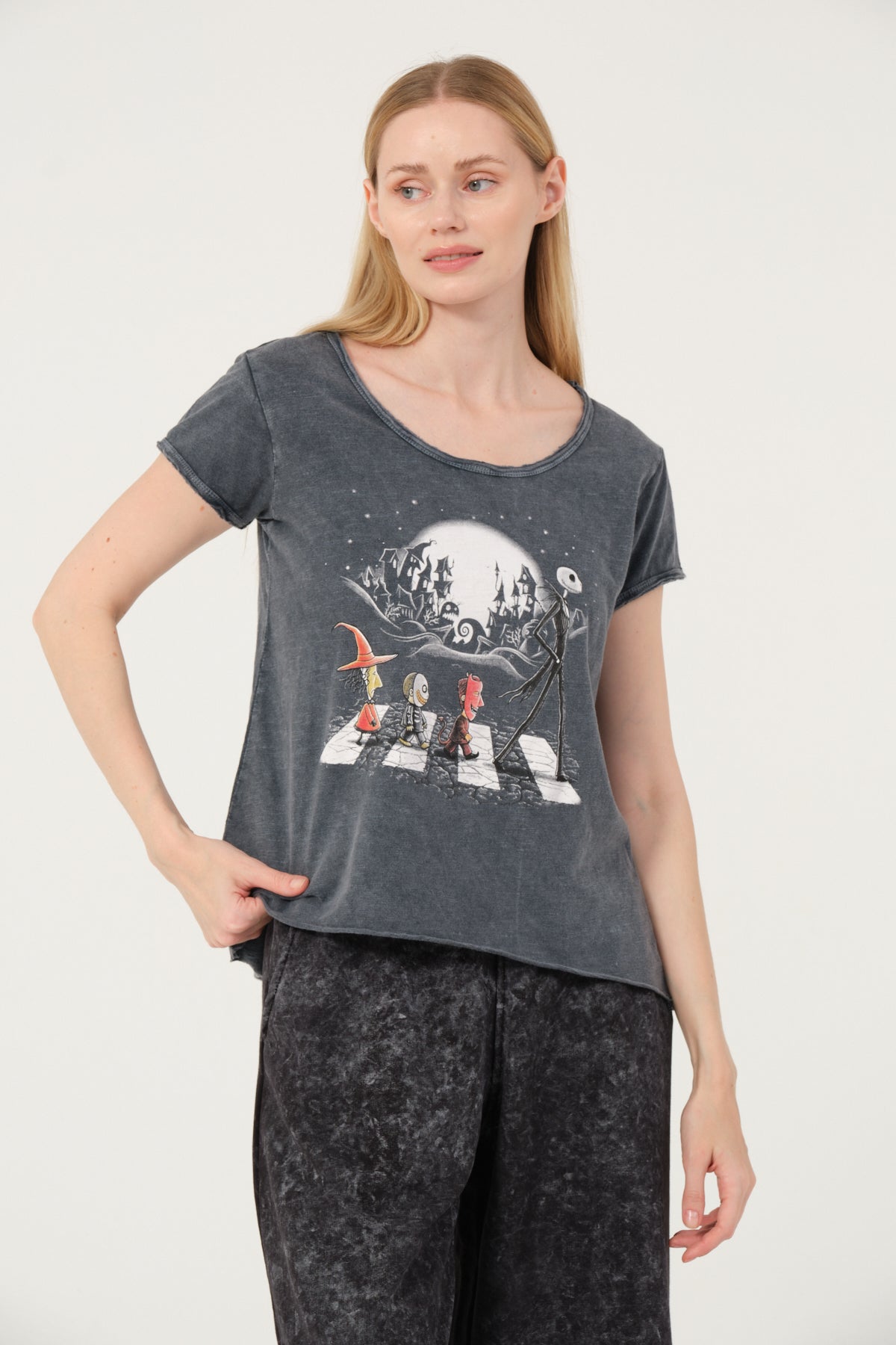 Stone Washed Night Before Christmas  Printed Wide Neck Women T-shirt