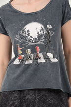 Stone Washed Night Before Christmas  Printed Wide Neck Women T-shirt