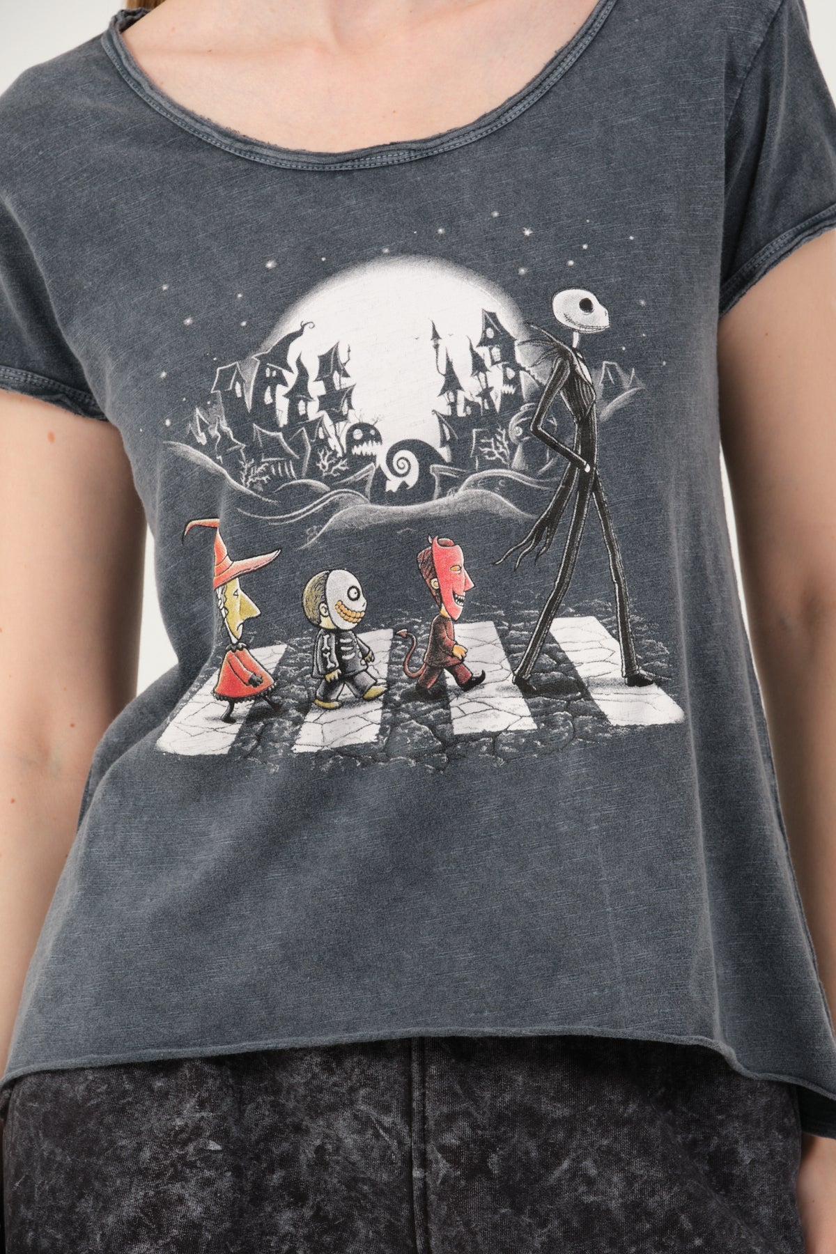 Stone Washed Night Before Christmas  Printed Wide Neck Women T-shirt