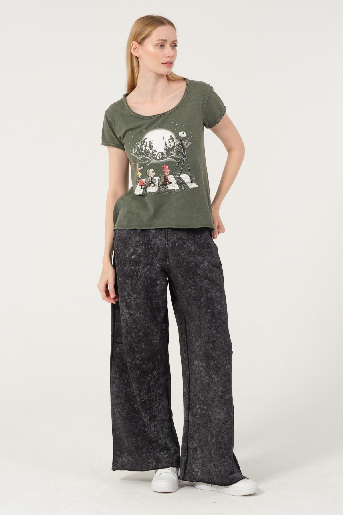 Stone Washed Night Before Christmas  Printed Wide Neck Women T-shirt