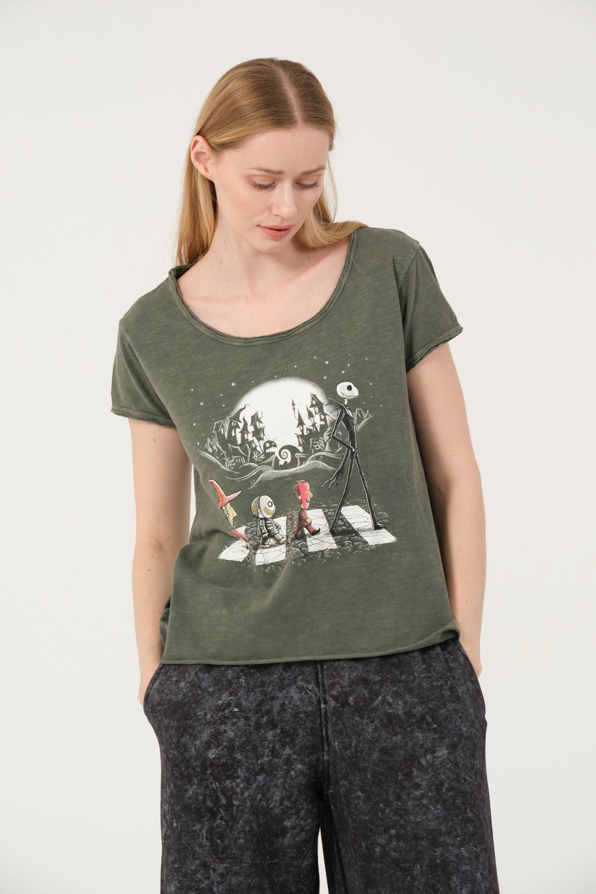 Stone Washed Night Before Christmas  Printed Wide Neck Women T-shirt