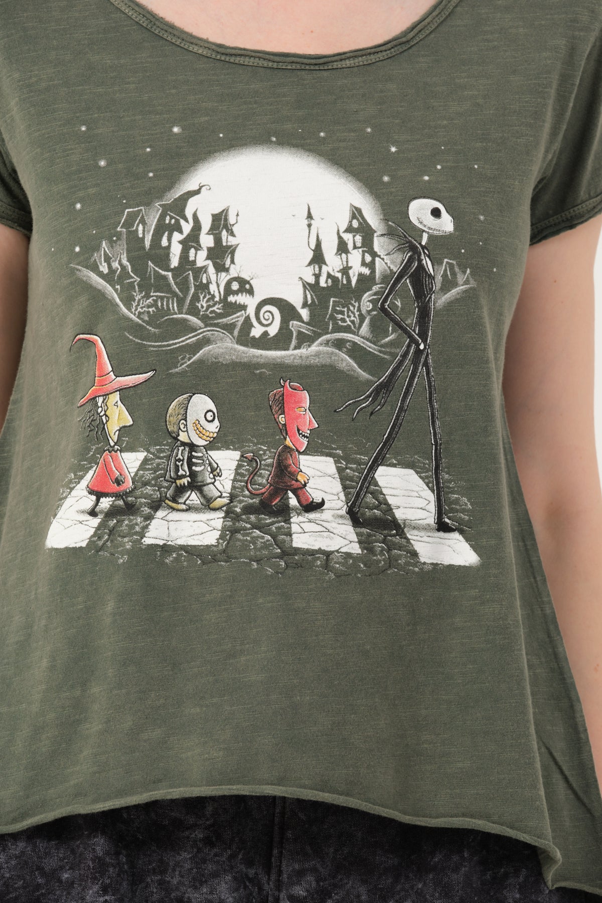 Stone Washed Night Before Christmas  Printed Wide Neck Women T-shirt
