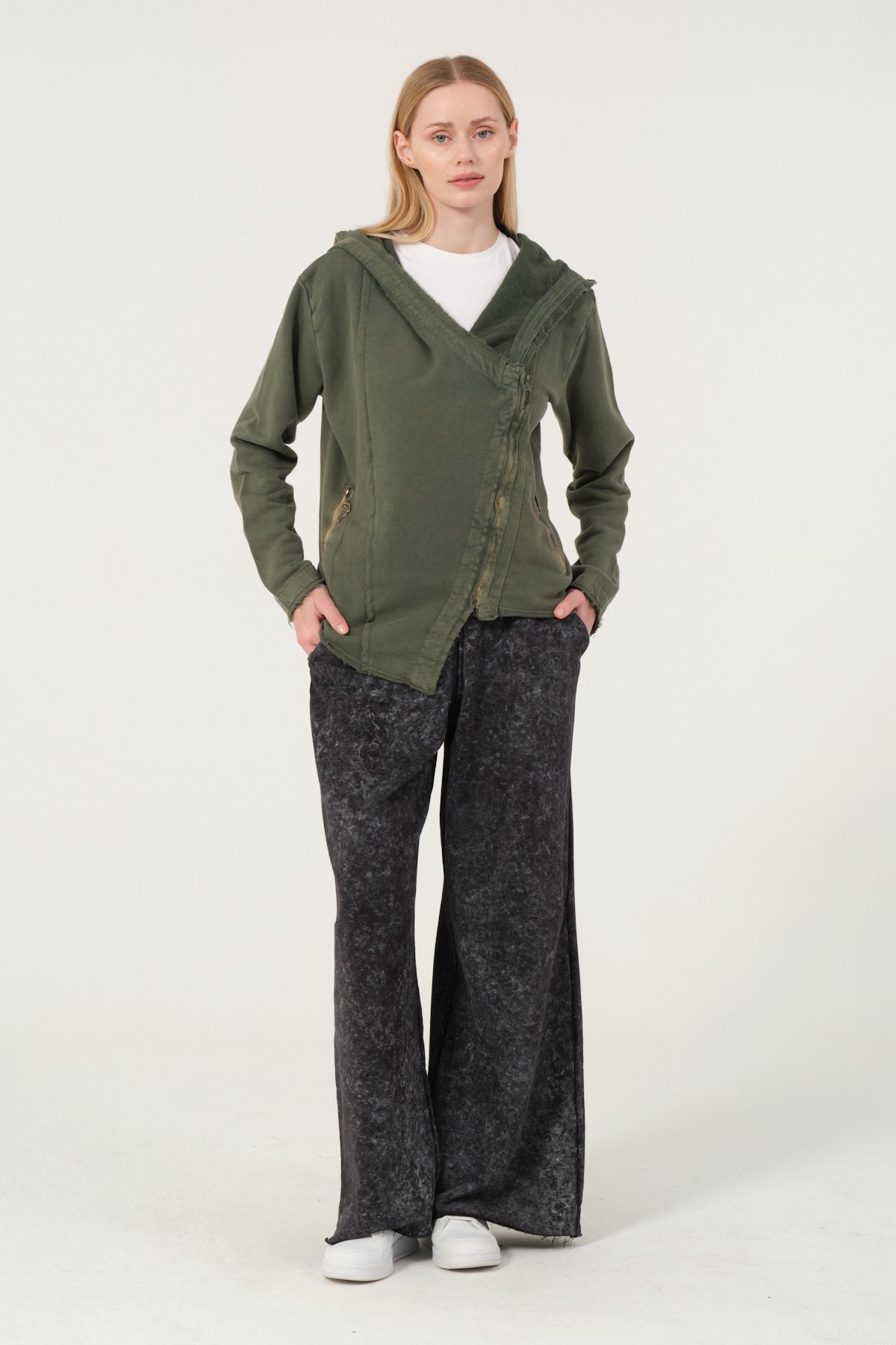 Stone Washed Poncho Cut Cotton Women Zip Hoodie