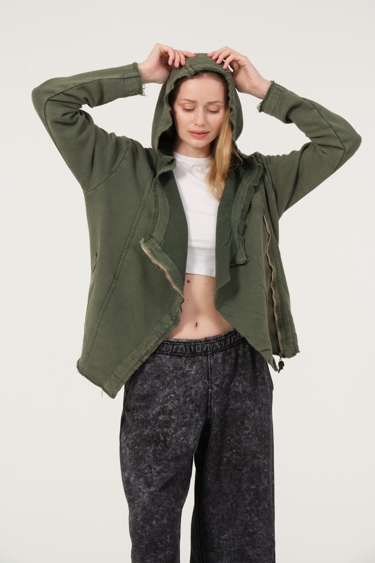 Stone Washed Poncho Cut Cotton Women Zip Hoodie