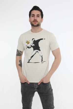 The Flower Bomb Thrower by Banksy Printed Cotton Regular  T-Shirt