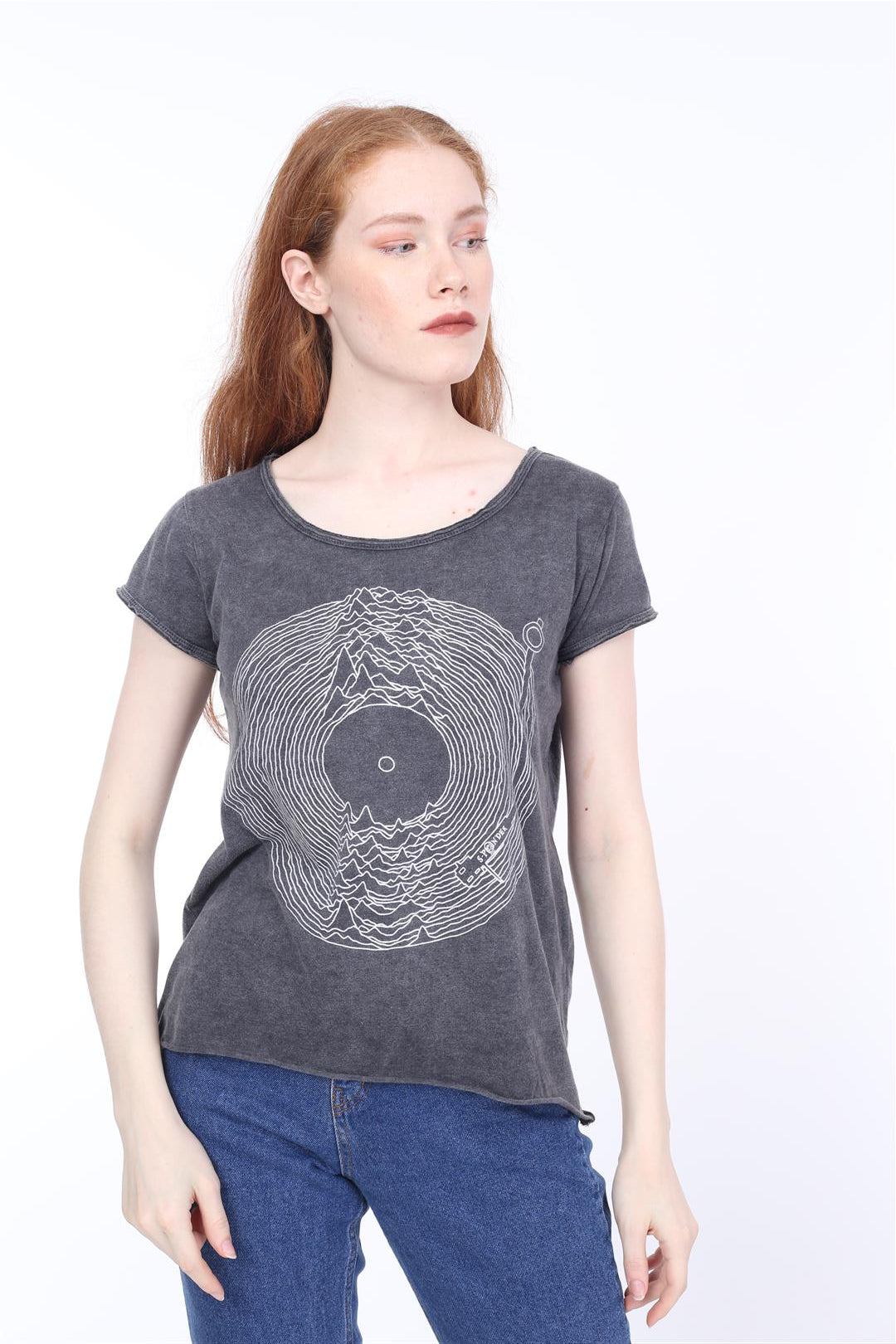 Stone Washed  Record Vinyl Jy Dvsn Printed Cotton Women Scoop Neck T-shirt