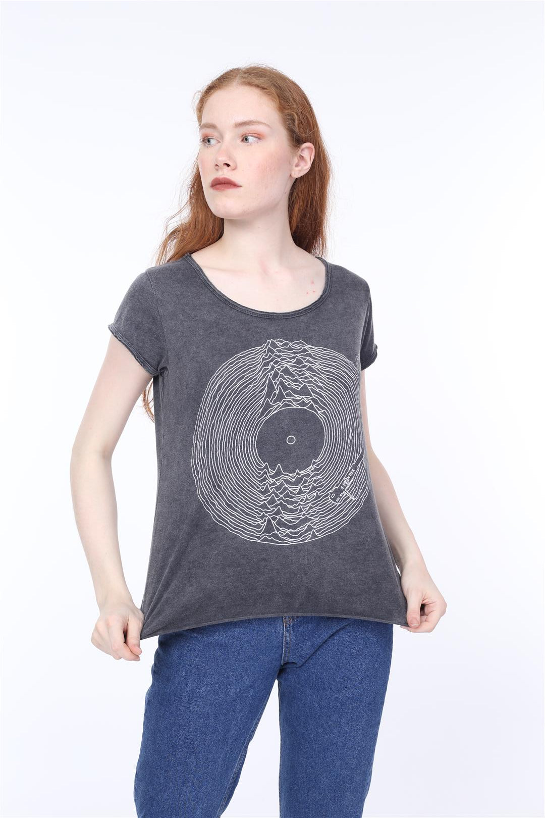 Stone Washed  Record Vinyl Jy Dvsn Printed Cotton Women Scoop Neck T-shirt