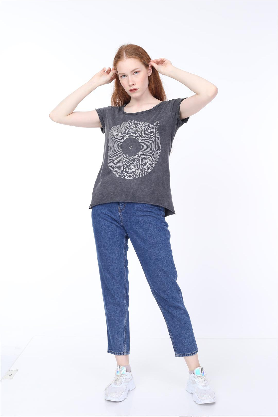 Stone Washed  Record Vinyl Jy Dvsn Printed Cotton Women Scoop Neck T-shirt