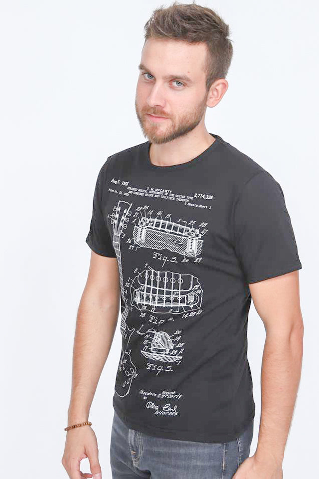 T.M McCARTY 1955 Guitar Patent Printed Cotton Black T-Shirt