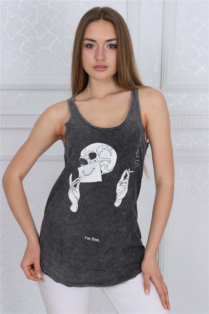 STONE WASHED I'M FINE SKULL PRINT WOMEN COTTON TOP TANK