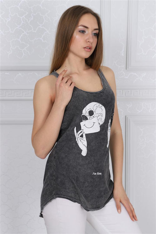 Anthracite Stone Washed I'm Fine Skull Printed Cotton Women Vest