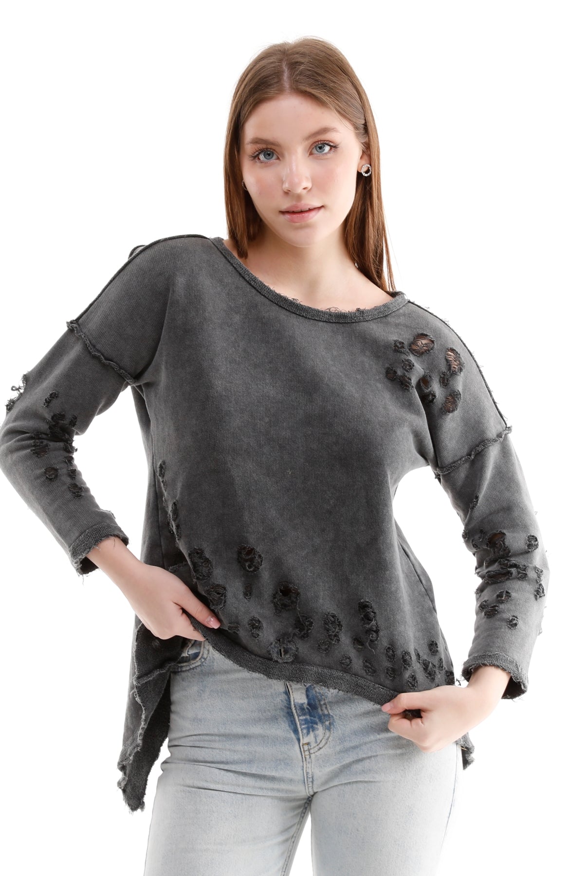 Plain Zip Ripped at Back Washed Cotton Women Anthracite  Sweatshirt