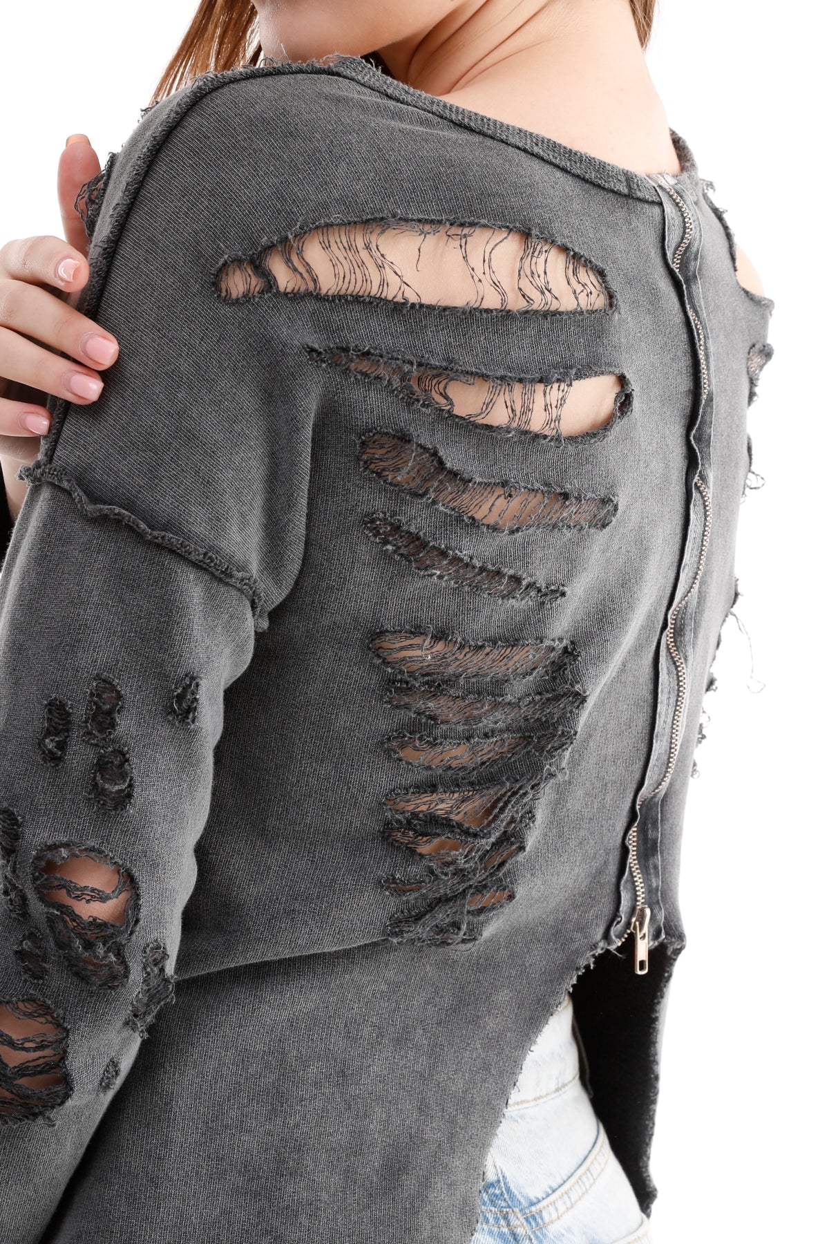 Plain Zip Ripped at Back Washed Cotton Women Anthracite  Sweatshirt