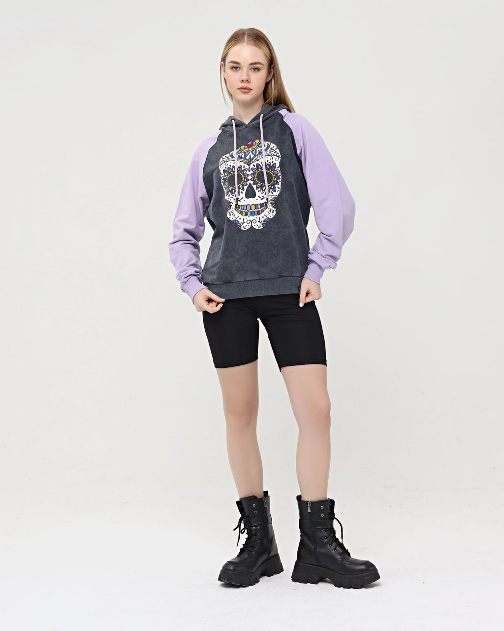 Purple - Anthracite Combi   Skull Stone Washed Color Skull Printed Cotton Hoodie