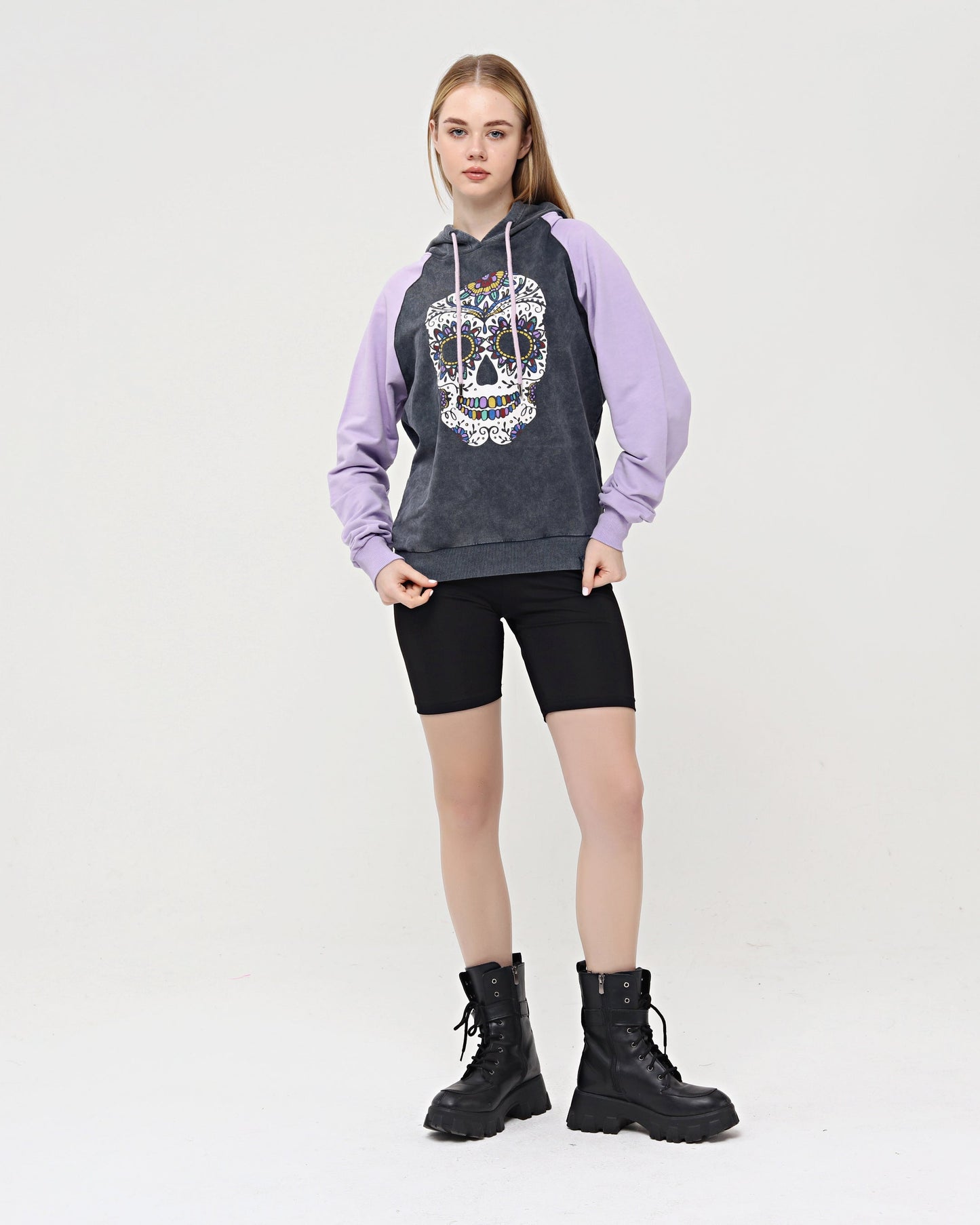 Purple - Anthracite Combi   Skull Stone Washed Color Skull Printed Cotton Hoodie