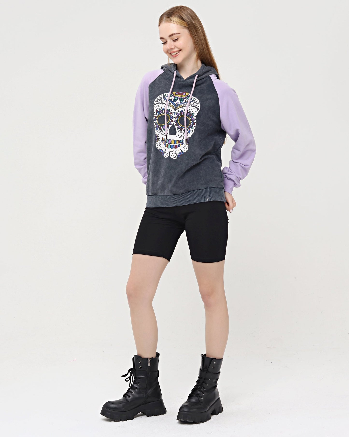 Purple - Anthracite Combi   Skull Stone Washed Color Skull Printed Cotton Hoodie