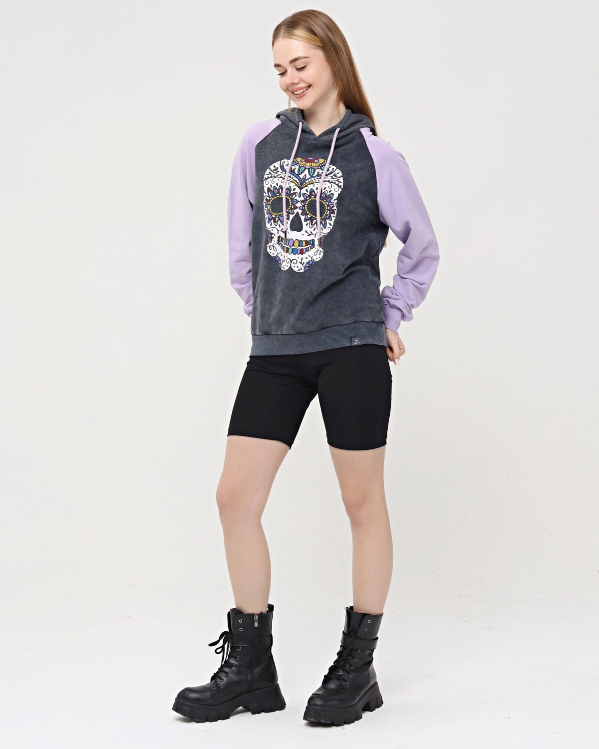 Purple - Anthracite Combi   Skull Stone Washed Color Skull Printed Cotton Hoodie