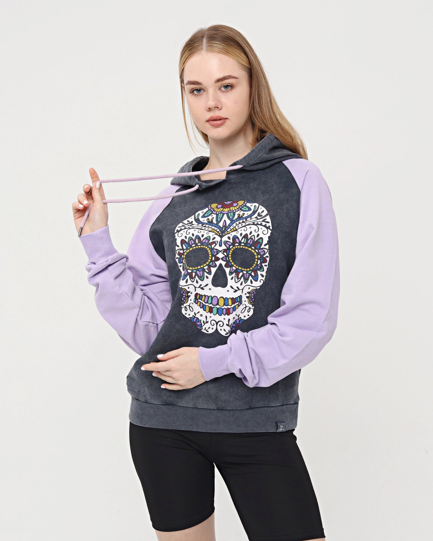 Purple - Anthracite Combi   Skull Stone Washed Color Skull Printed Cotton Hoodie