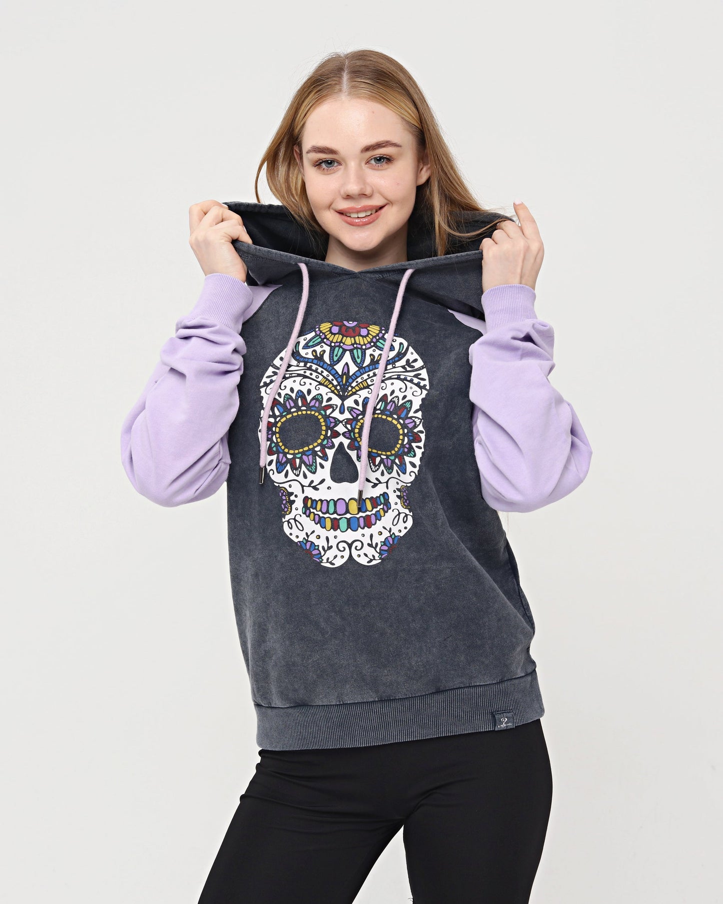 Purple - Anthracite Combi   Skull Stone Washed Color Skull Printed Cotton Hoodie
