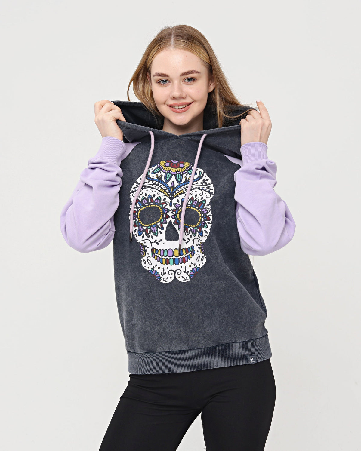 Purple - Anthracite Combi   Skull Stone Washed Color Skull Printed Cotton Hoodie