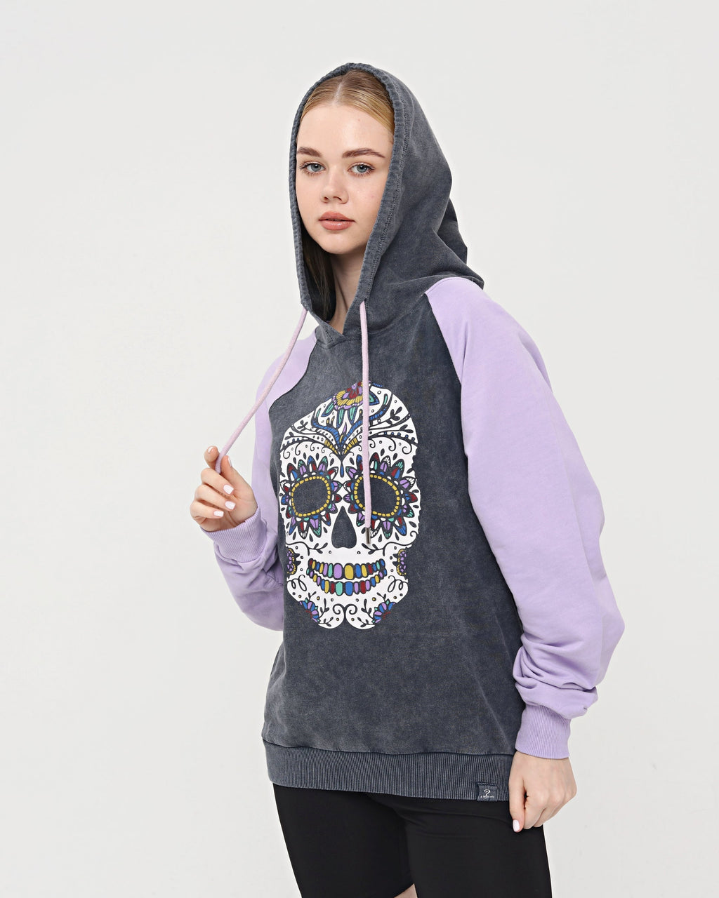 Purple - Anthracite Combi   Skull Stone Washed Color Skull Printed Cotton Hoodie