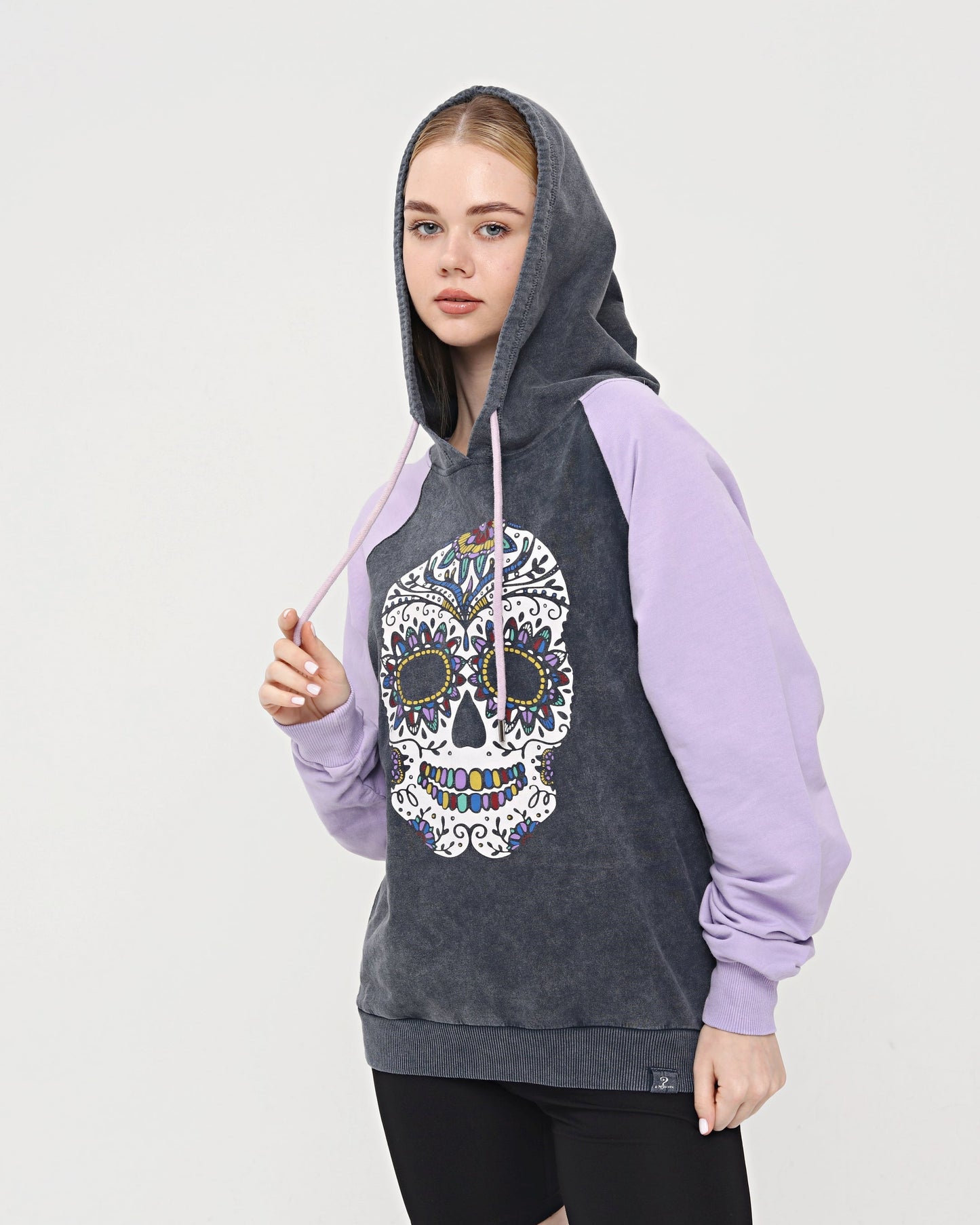 Purple - Anthracite Combi   Skull Stone Washed Color Skull Printed Cotton Hoodie