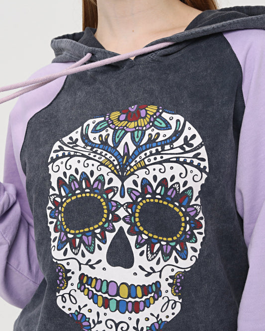 Purple - Anthracite Combi   Skull Stone Washed Color Skull Printed Cotton Hoodie