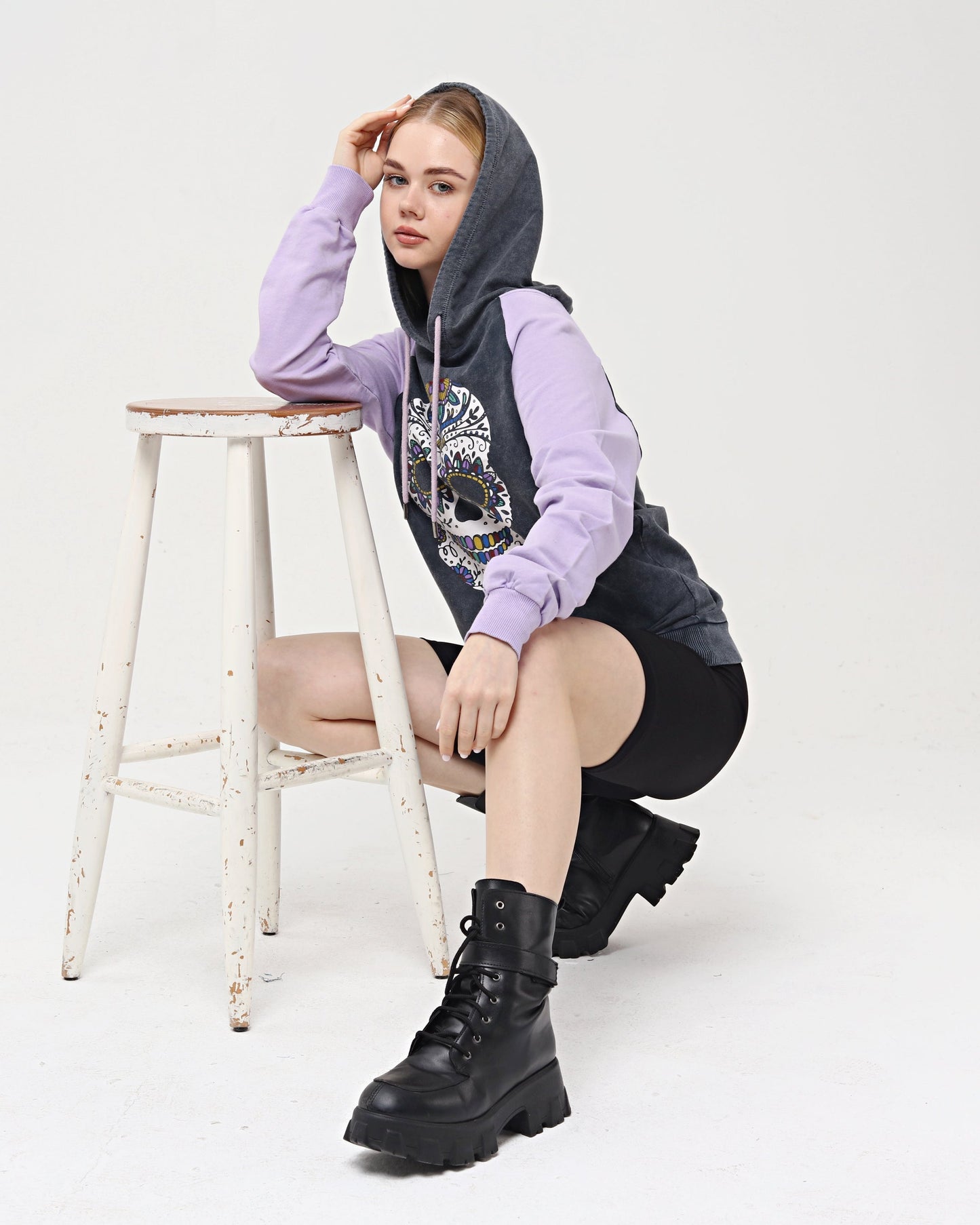 Purple - Anthracite Combi   Skull Stone Washed Color Skull Printed Cotton Hoodie