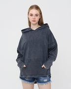 Black Stone Washed Poncho Cut Cotton Women Hoodie