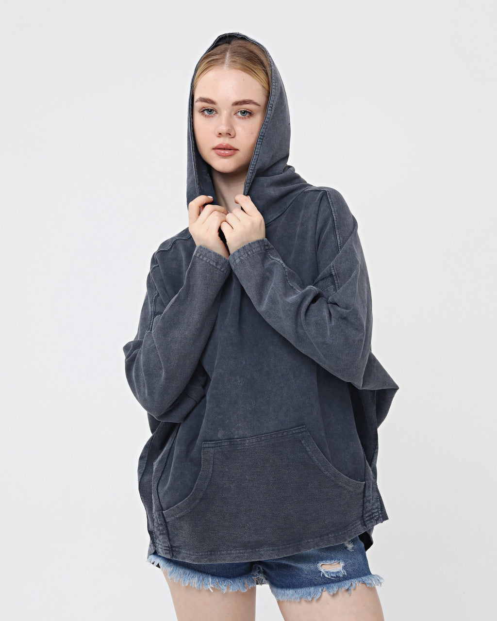Black Stone Washed Poncho Cut Cotton Women Hoodie