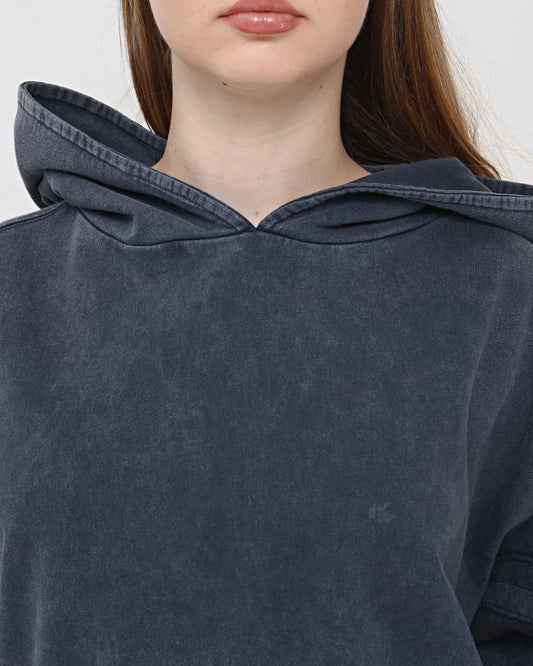 Black Stone Washed Poncho Cut Cotton Women Hoodie