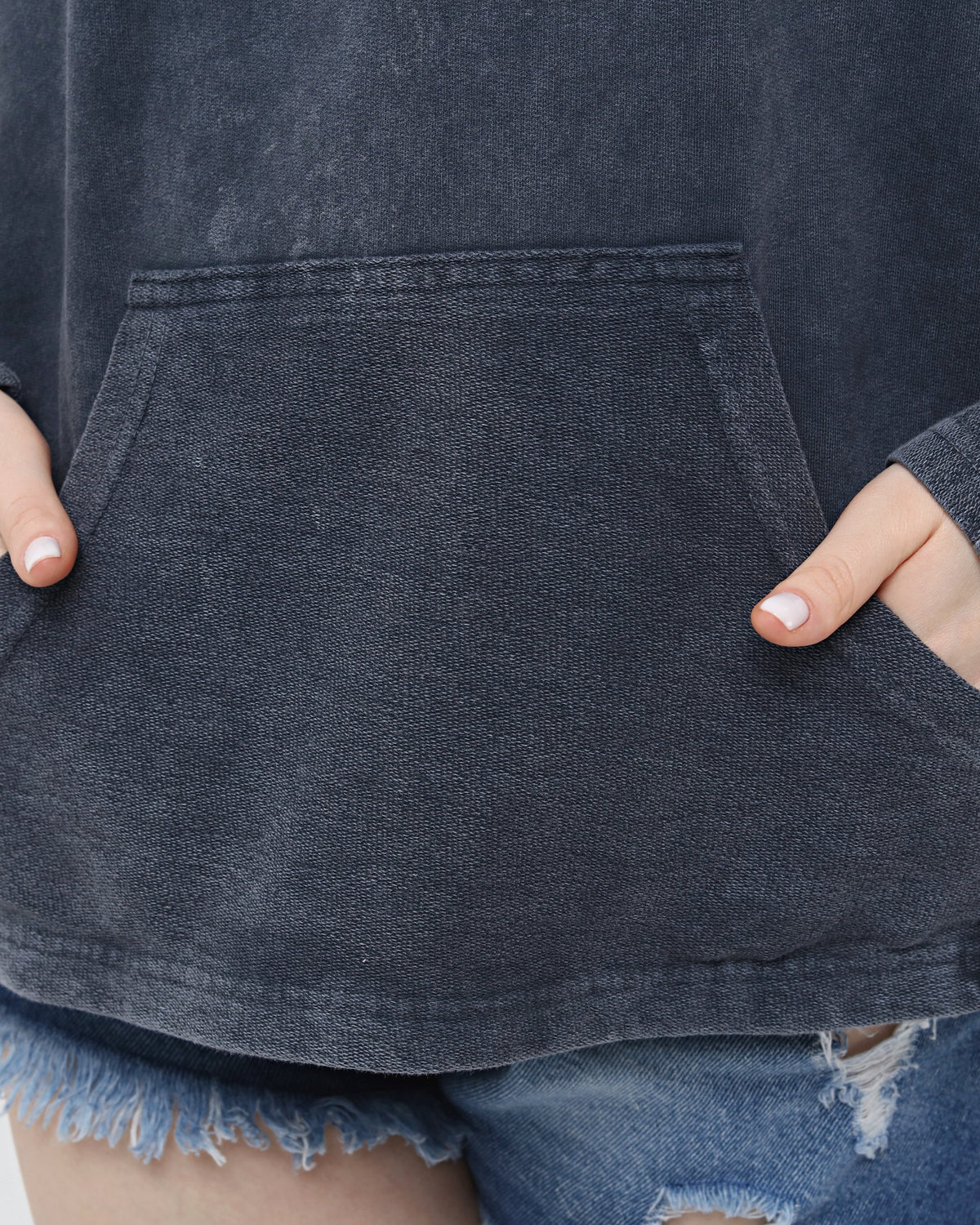 Black Stone Washed Poncho Cut Cotton Women Hoodie