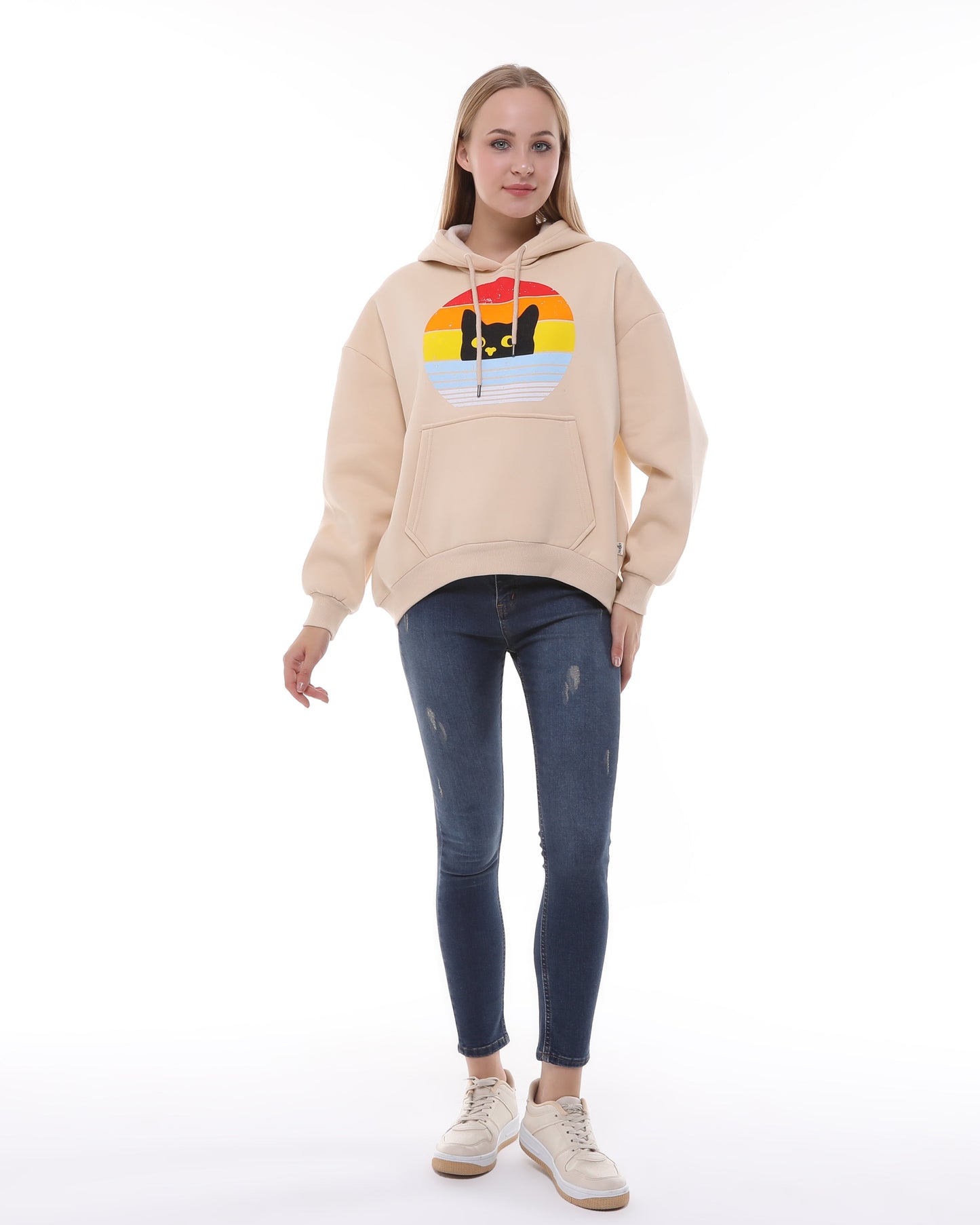 Rainbow Cat  Print Fleece  Cotton Women Long Sleeve  Beige Hoodie