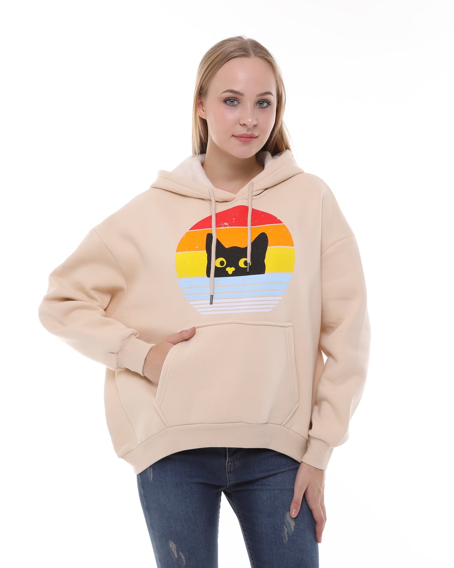 Rainbow Cat  Print Fleece  Cotton Women Long Sleeve  Beige Hoodie