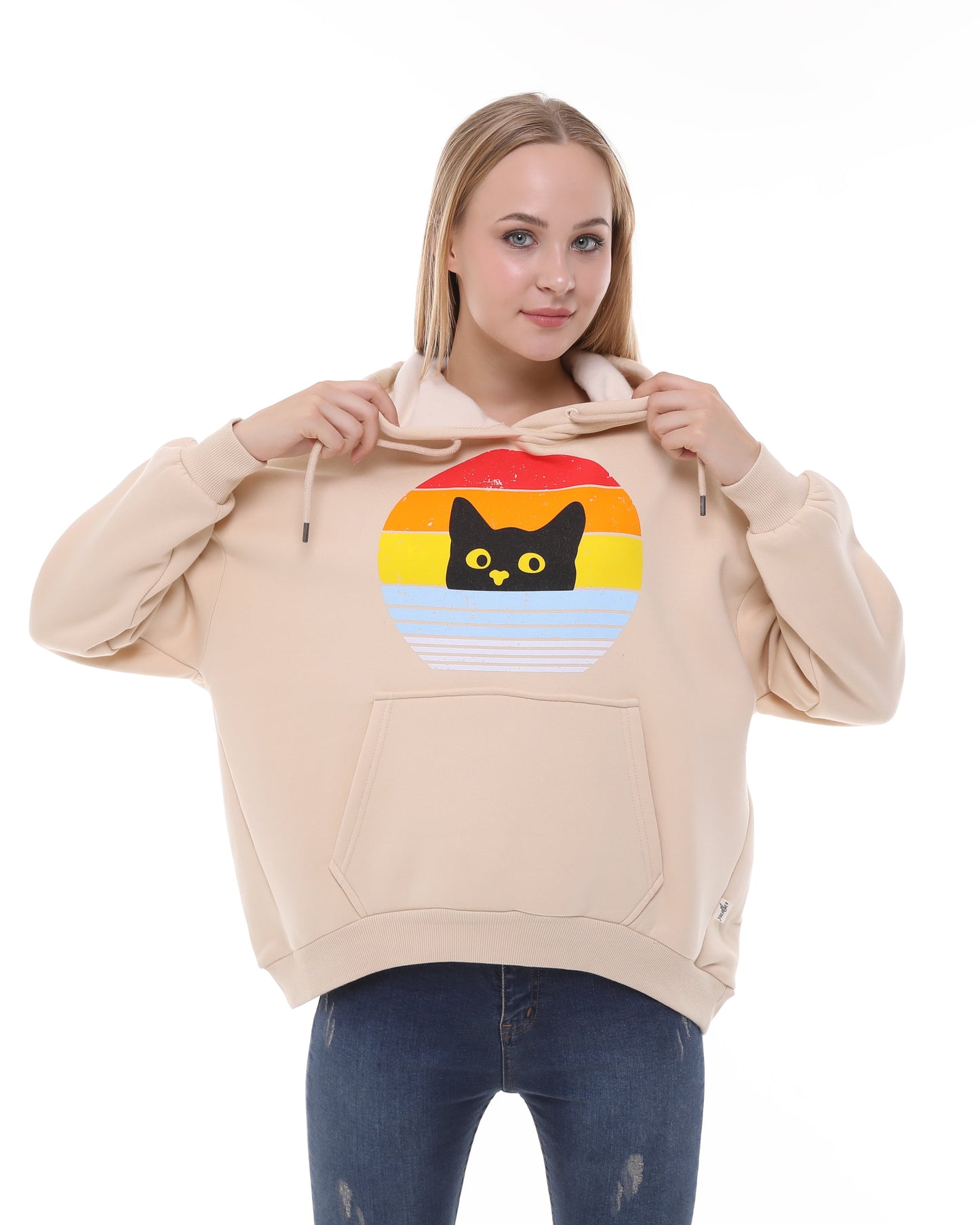Rainbow Cat  Print Fleece  Cotton Women Long Sleeve  Beige Hoodie