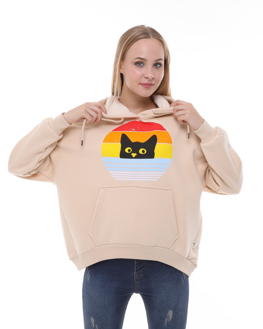 Rainbow Cat  Print Fleece  Cotton Women Long Sleeve  Beige Hoodie