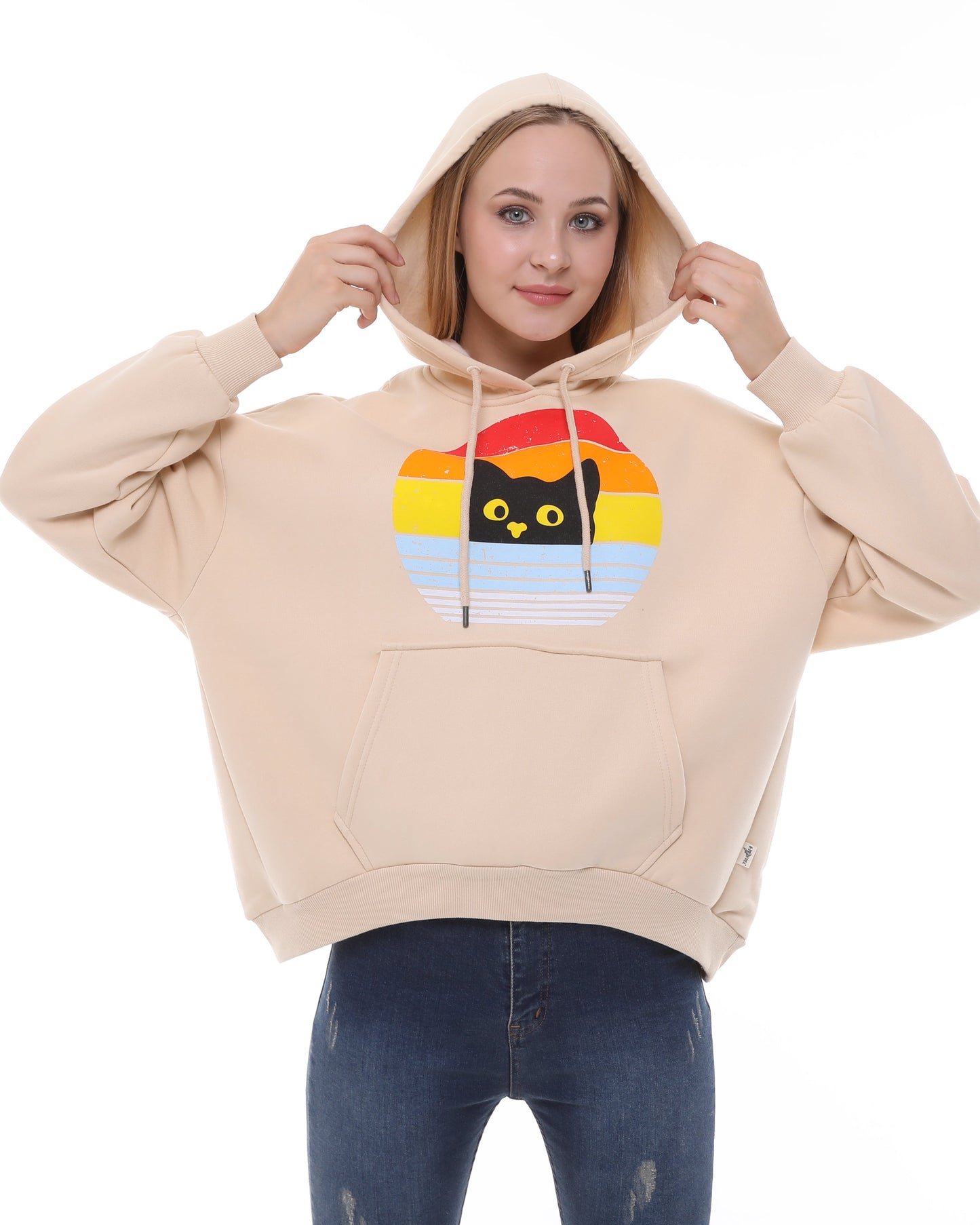 Rainbow Cat  Print Fleece  Cotton Women Long Sleeve  Beige Hoodie