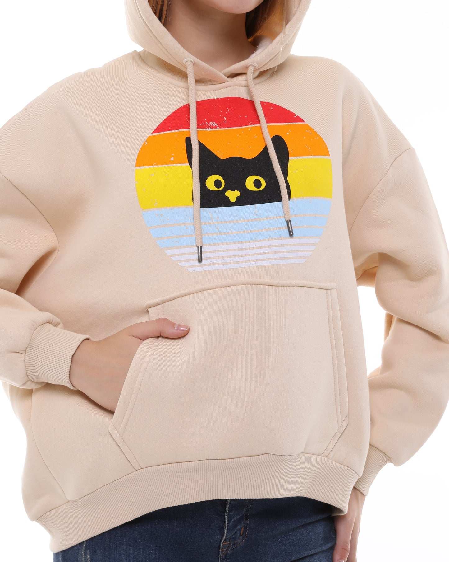 Rainbow Cat  Print Fleece  Cotton Women Long Sleeve  Beige Hoodie