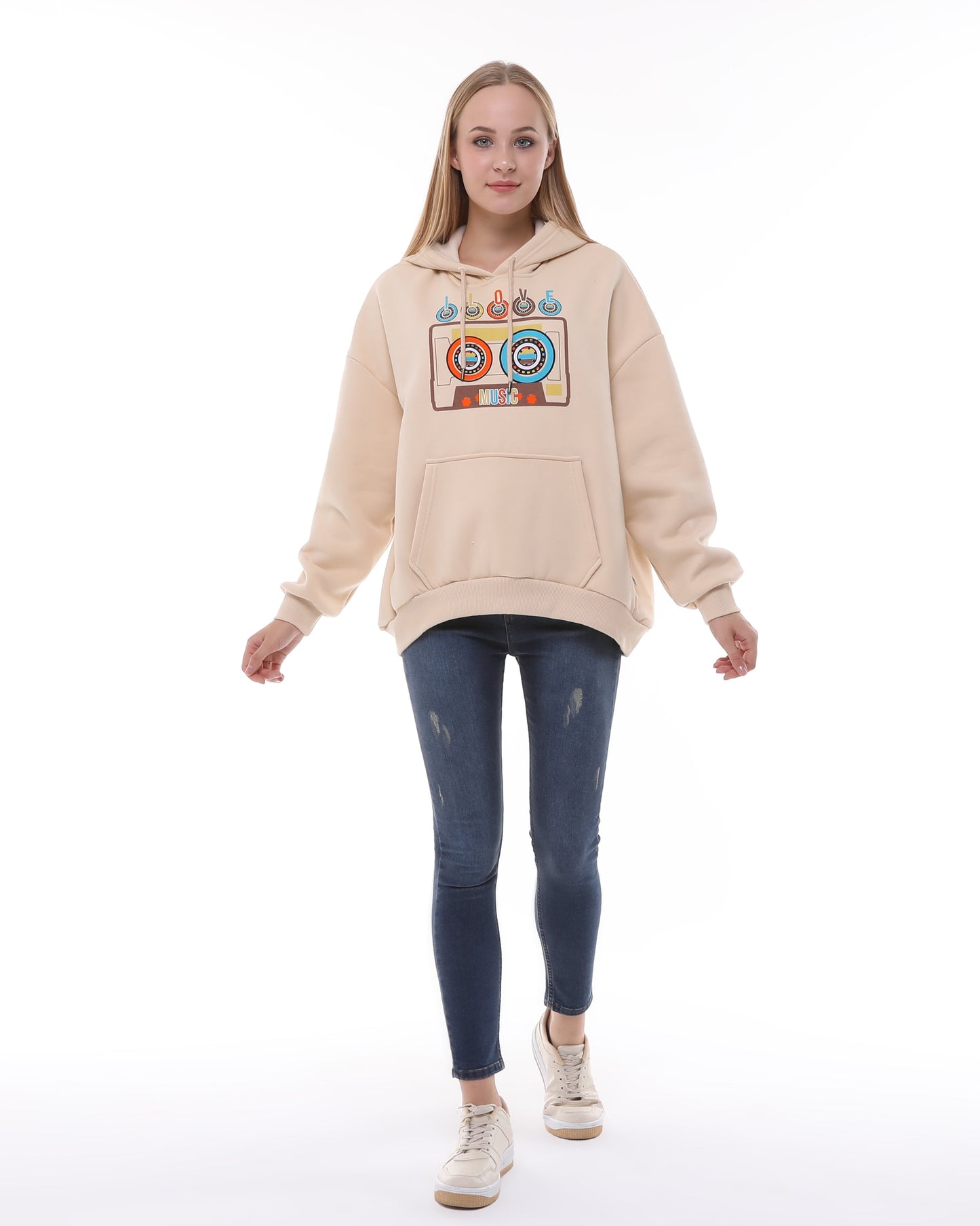 I love Music Vintage Cassette Print Fleece  Cotton Women Long Sleeve Cream Hoodie